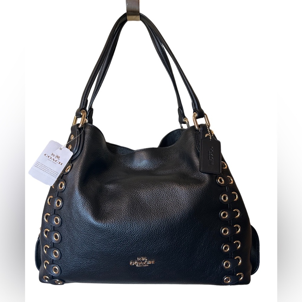 Coach Edie, Riveted Shoulder Bag, Black, Brass Hardware, Style #21348